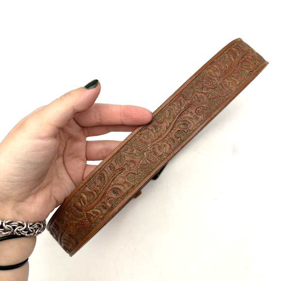 Vintage 70s Lyntone 2357 Brown Acorn Tooled TEXAS Solid Brass Buckle Belt 26-29\